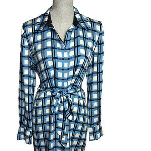 Diane Von Furstenberg Women's Slip Dress with Tie Blue Square Patterned - Size 6